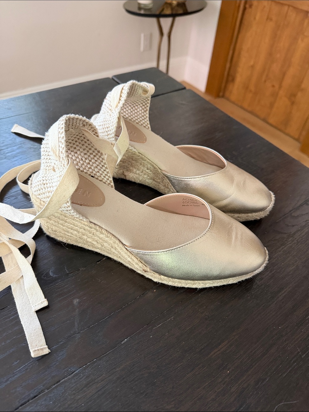 Boden Metallic Gold Espadrille Wedges with Ankle Ties